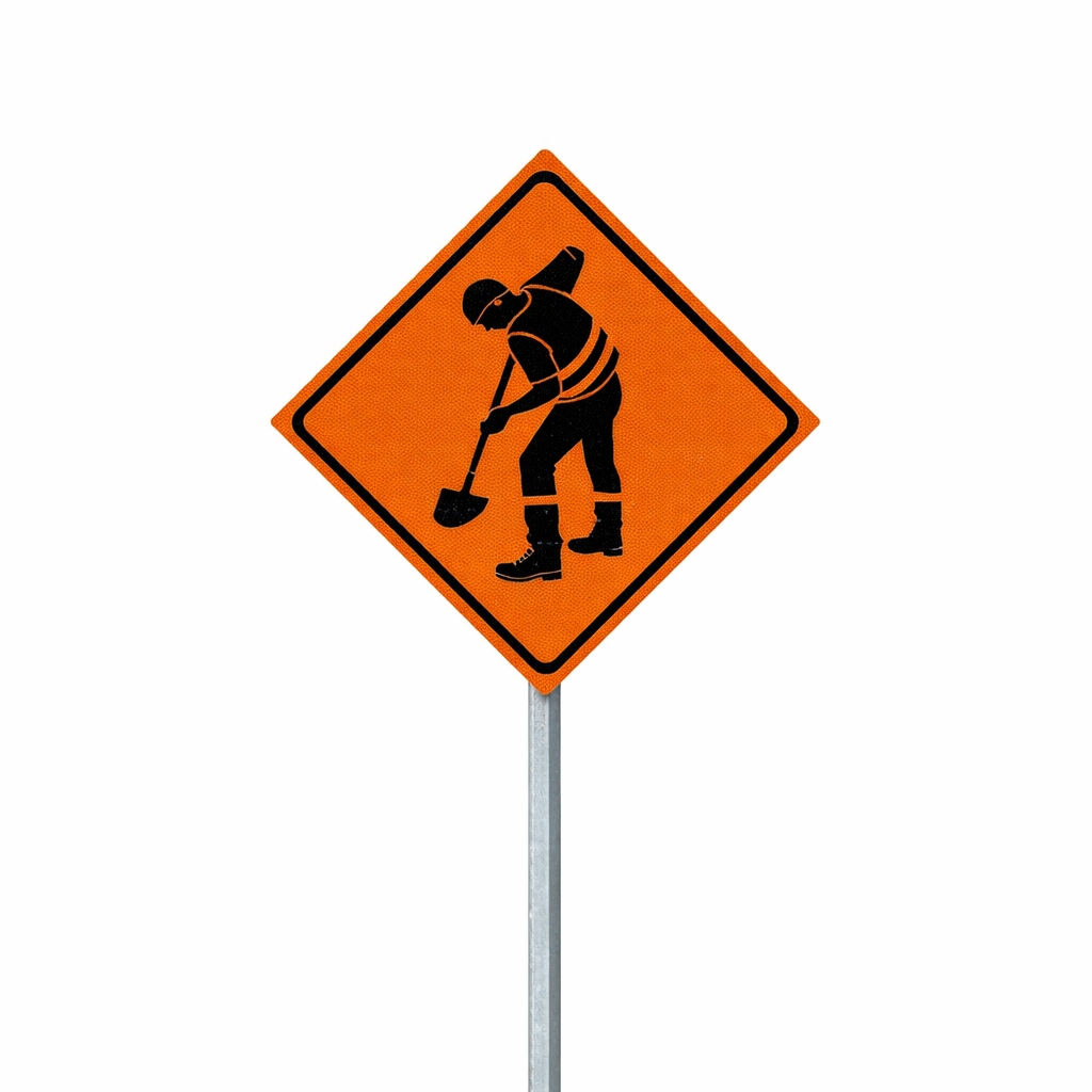 Letrero de Señalización Vial y de Obra Reflectivo “Obreros Trabajando” con Poste Galvanizado 2”x2”