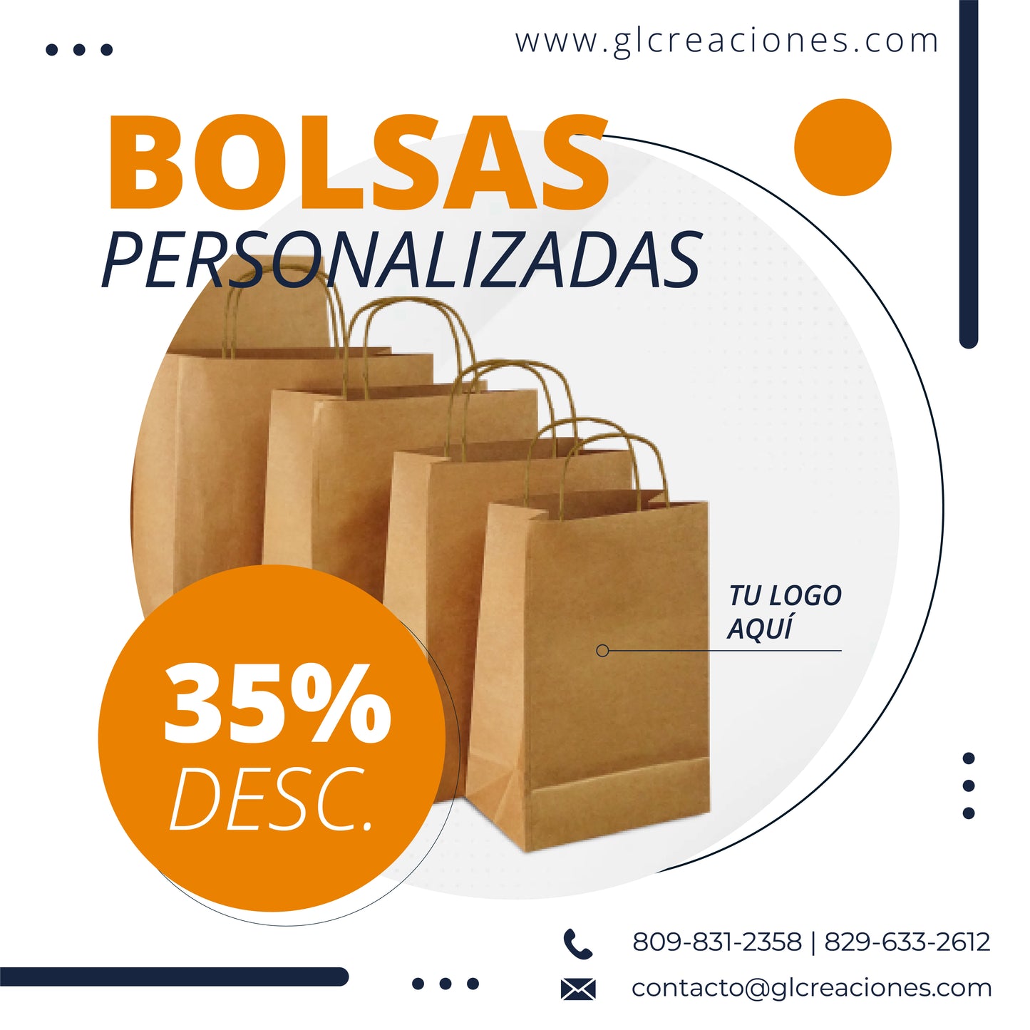 Bolsas de Papel Genéricas Con Asa Personalizadas (Paquete 100 unidades)